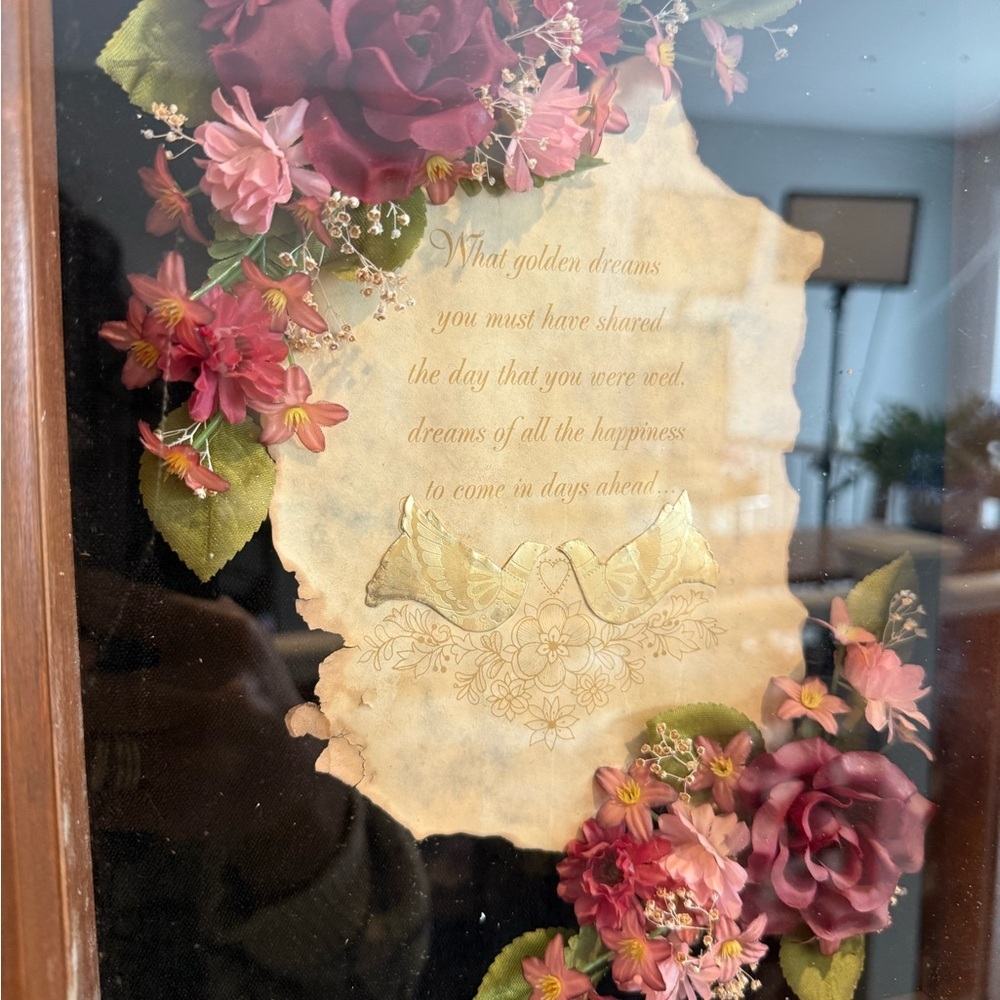 Vintage Wedding Shadow Box – Floral Art with Doves and Poetry – 15.5x13x2" - Picture 4 of 14